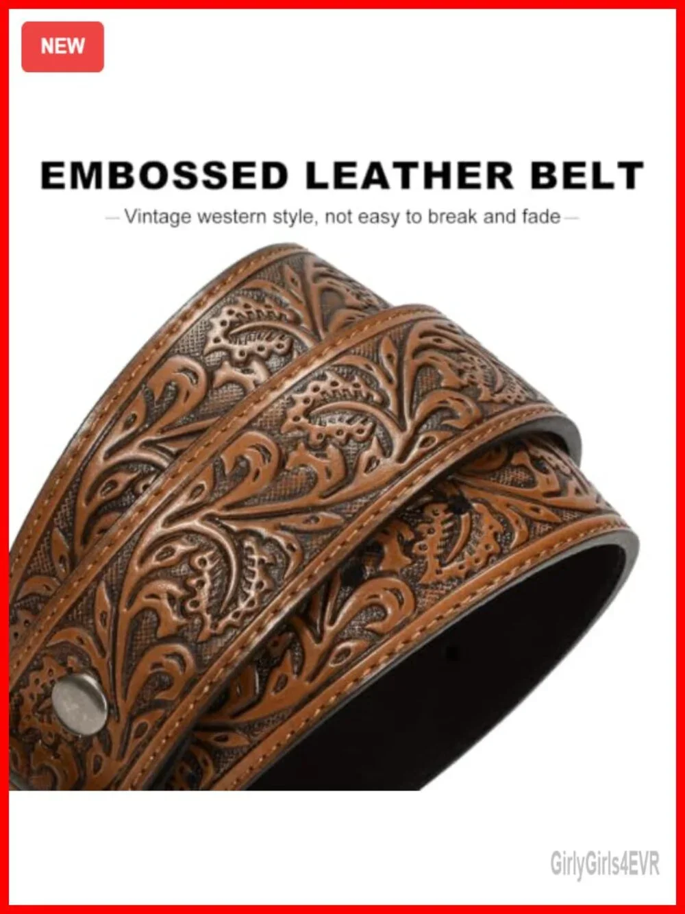 Embossed Leather Western Cowboy Belt with Longhorn Buckle